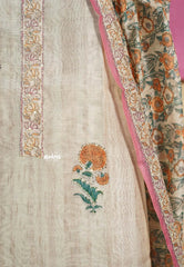 Amitha – Ivory with Rose Pink – Chanderi Silk Salwar Suit with Hand Kantha Stitches