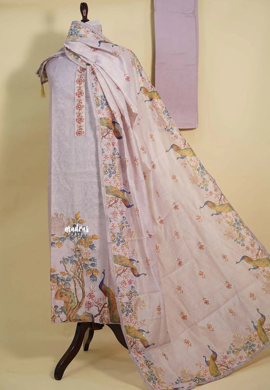 Amitha – Muted Lavender Chanderi Silk Salwar Suit with Handcrafted Peacock & Floral Motif