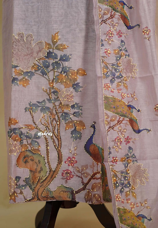 Amitha – Muted Lavender Chanderi Silk Salwar Suit with Handcrafted Peacock & Floral Motif