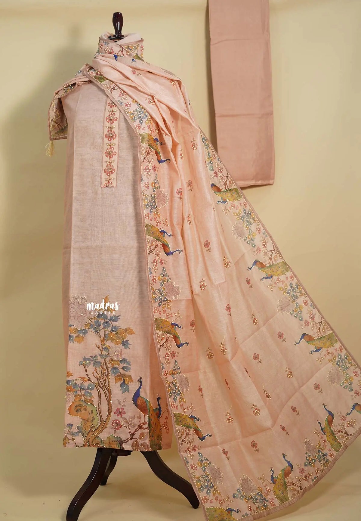 Amitha – Melon Peach Chanderi Silk Salwar Suit with Handcrafted Peacock & Floral Motif