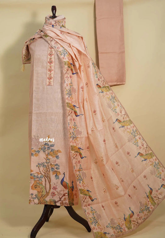 Amitha – Melon Peach Chanderi Silk Salwar Suit with Handcrafted Peacock & Floral Motif