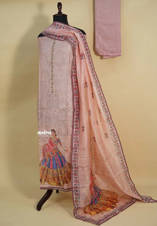 Amitha – Pastel Pink Chanderi Silk Salwar Suit with Digital navratri garba Girl Motif & Sequins Work
