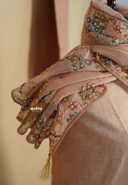 Amitha – Melon Peach Chanderi Silk Salwar Suit with Handcrafted Peacock & Floral Motif