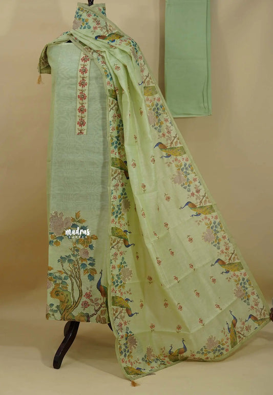 Amitha – Pastel Green Chanderi Silk Salwar Suit with Handcrafted Peacock & Floral Motif