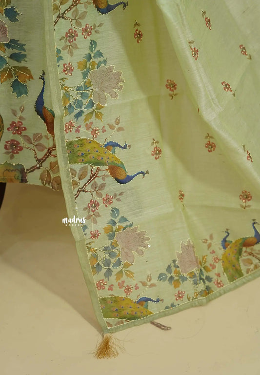 Amitha – Pastel Green Chanderi Silk Salwar Suit with Handcrafted Peacock & Floral Motif