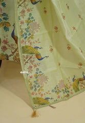 Amitha – Pastel Green Chanderi Silk Salwar Suit with Handcrafted Peacock & Floral Motif