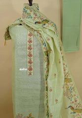 Amitha – Pastel Green Chanderi Silk Salwar Suit with Handcrafted Peacock & Floral Motif