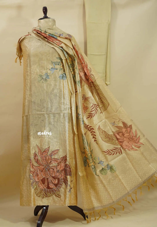 Amitha – Golden Beige Chanderi Silk Salwar Suit with Handcrafted Floral Motif & Sequins Work
