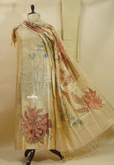 Amitha – Golden Beige Chanderi Silk Salwar Suit with Handcrafted Floral Motif & Sequins Work