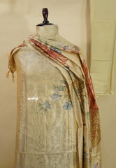 Amitha – Golden Beige Chanderi Silk Salwar Suit with Handcrafted Floral Motif & Sequins Work