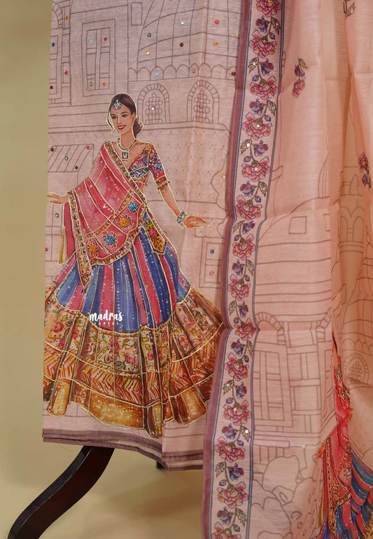 Amitha – Pastel Pink Chanderi Silk Salwar Suit with Digital navratri garba Girl Motif & Sequins Work