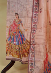 Amitha – Pastel Pink Chanderi Silk Salwar Suit with Digital navratri garba Girl Motif & Sequins Work