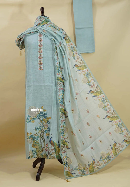 Amitha – Sky Blue Chanderi Silk Salwar Suit with Handcrafted Peacock & Floral Motif