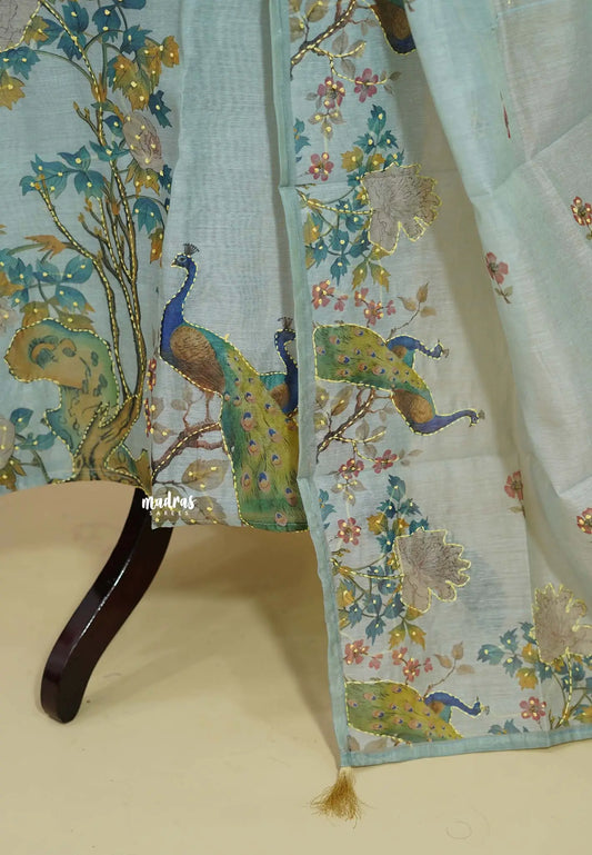 Amitha – Sky Blue Chanderi Silk Salwar Suit with Handcrafted Peacock & Floral Motif