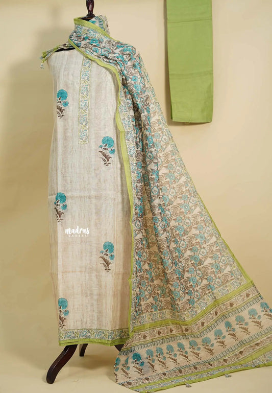 Amitha – Ivory with Leaf Green – Chanderi Silk Salwar Suit with Hand Kantha Stitches