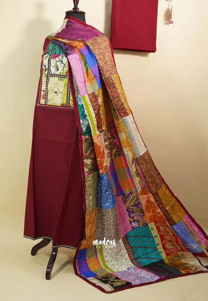 Amitha – Maroon Handloom Cotton top & bottom hand stitched Kantha work silk dupatta