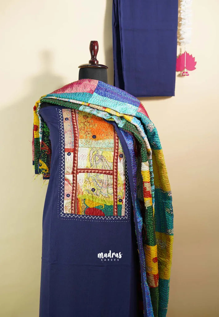 Amitha – Navy Blue Handloom Cotton top & bottom hand stitched Kantha work silk dupatta