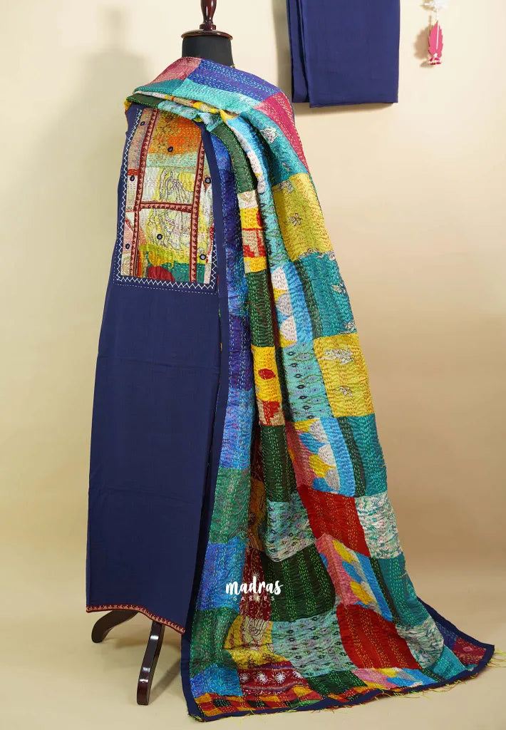 Amitha – Navy Blue Handloom Cotton top & bottom hand stitched Kantha work silk dupatta