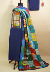 Amitha – Navy Blue Handloom Cotton top & bottom hand stitched Kantha work silk dupatta