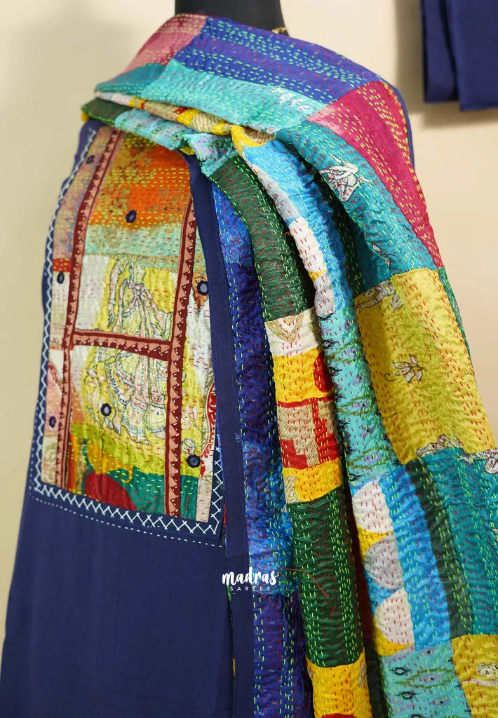 Amitha – Navy Blue Handloom Cotton top & bottom hand stitched Kantha work silk dupatta