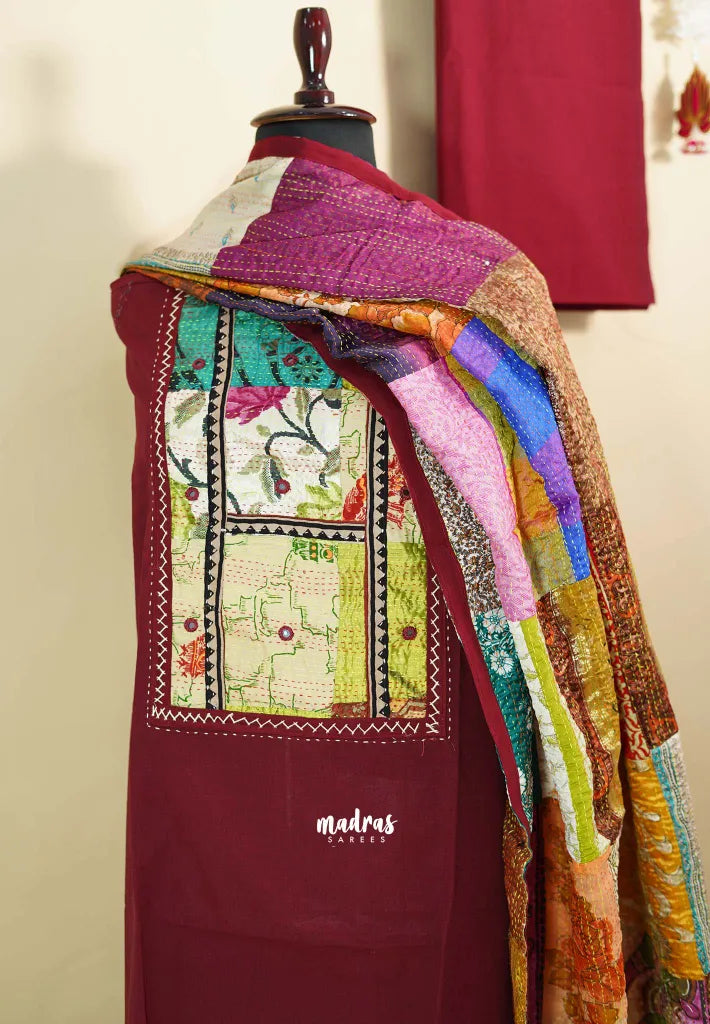 Amitha – Maroon Handloom Cotton top & bottom hand stitched Kantha work silk dupatta