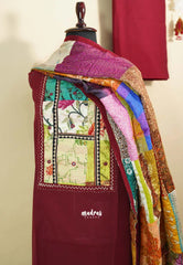 Amitha – Maroon Handloom Cotton top & bottom hand stitched Kantha work silk dupatta