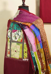 Amitha – Maroon Handloom Cotton top & bottom hand stitched Kantha work silk dupatta