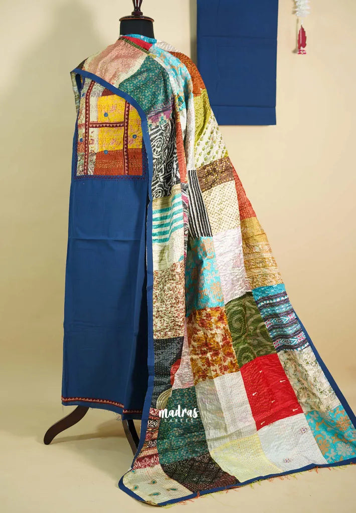 Amitha – Peacock Blue Handloom Cotton top & bottom hand stitched Kantha work silk dupatta Design 2