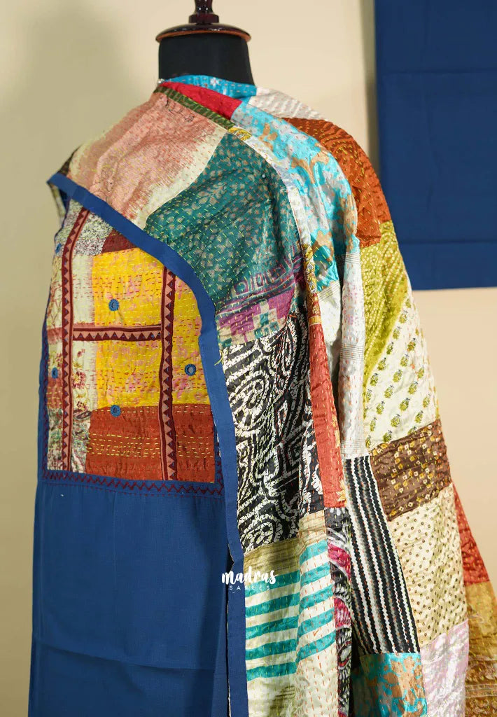 Amitha – Peacock Blue Handloom Cotton top & bottom hand stitched Kantha work silk dupatta Design 2
