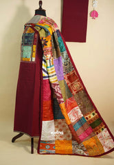 Amitha – Maroon Handloom Cotton top & bottom hand stitched Kantha work silk dupatta Design 2