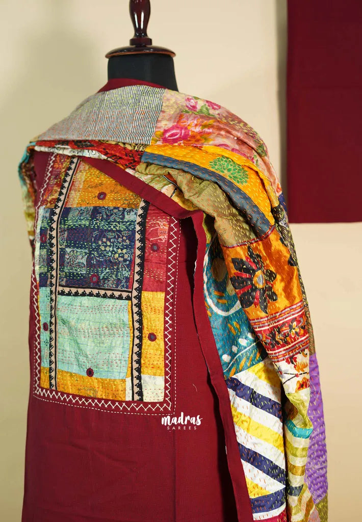 Amitha – Maroon Handloom Cotton top & bottom hand stitched Kantha work silk dupatta Design 2