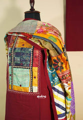 Amitha – Maroon Handloom Cotton top & bottom hand stitched Kantha work silk dupatta Design 2