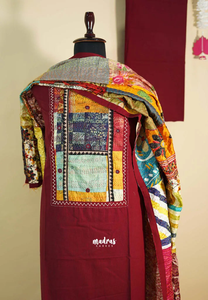 Amitha – Maroon Handloom Cotton top & bottom hand stitched Kantha work silk dupatta Design 2