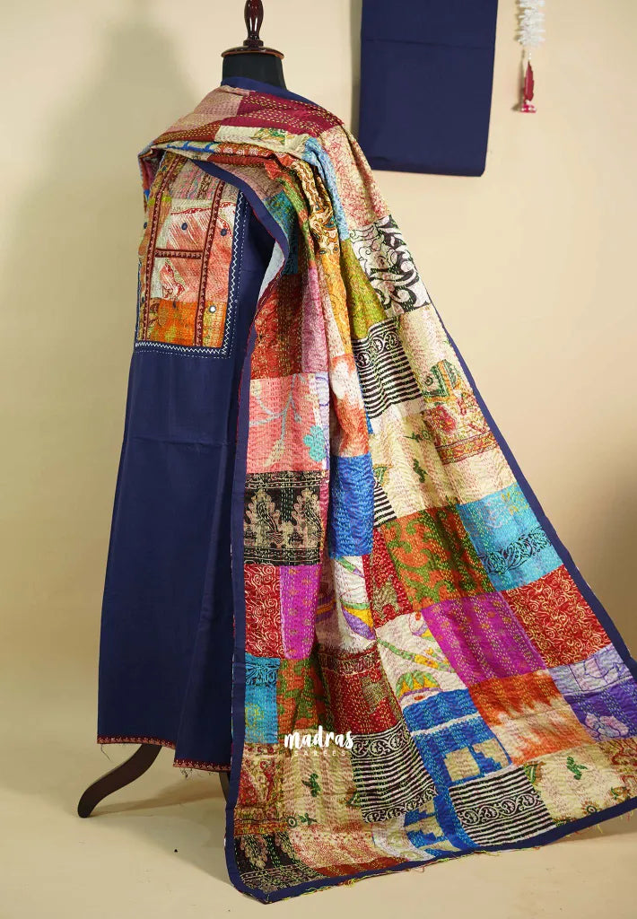 Amitha – Navy Blue Handloom Cotton top & bottom hand stitched Kantha work silk dupatta Design 2