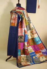 Amitha – Navy Blue Handloom Cotton top & bottom hand stitched Kantha work silk dupatta Design 2