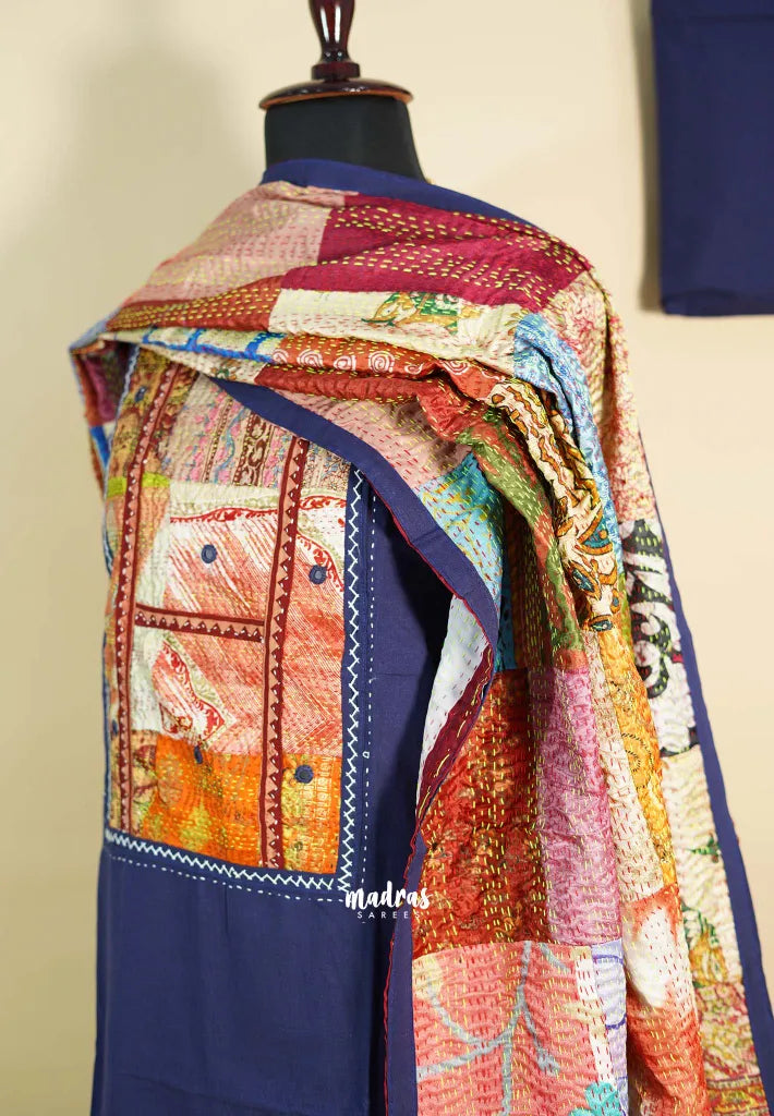 Amitha – Navy Blue Handloom Cotton top & bottom hand stitched Kantha work silk dupatta Design 2