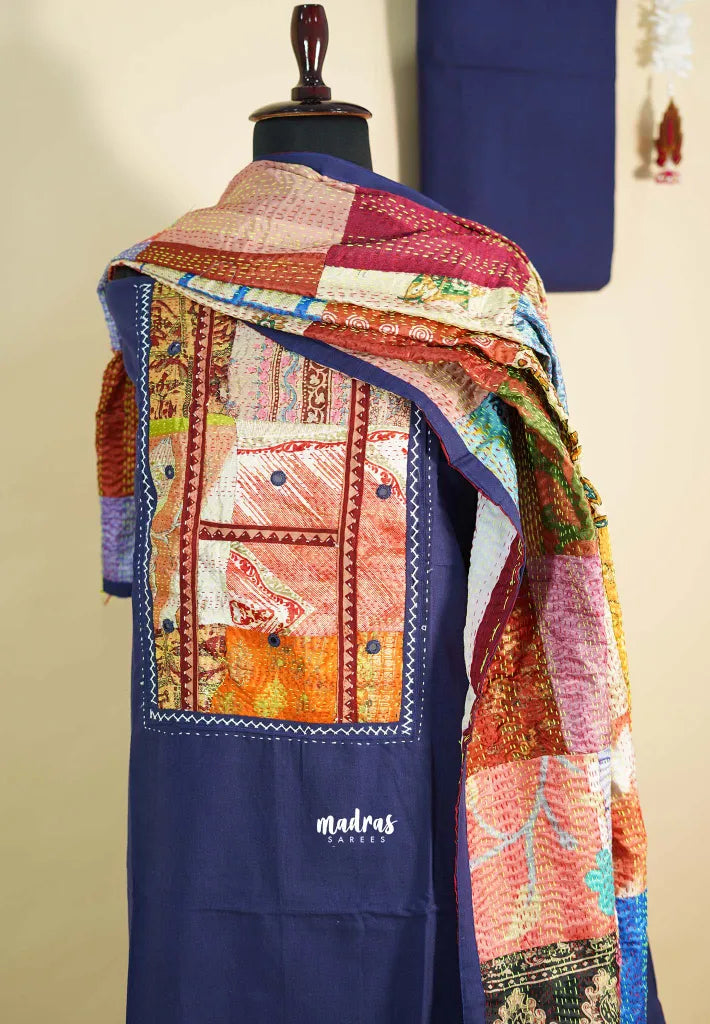 Amitha – Navy Blue Handloom Cotton top & bottom hand stitched Kantha work silk dupatta Design 2