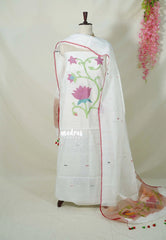 Amitha –  Snow White Handloom Cotton top & dupatta hand weaving jamdani work  No Bottom