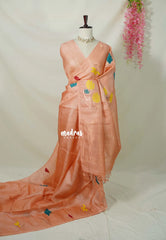 Peach Pearl - Handloom Pure Tussar Silk Jamdani Saree - With Silk Mark Certificate