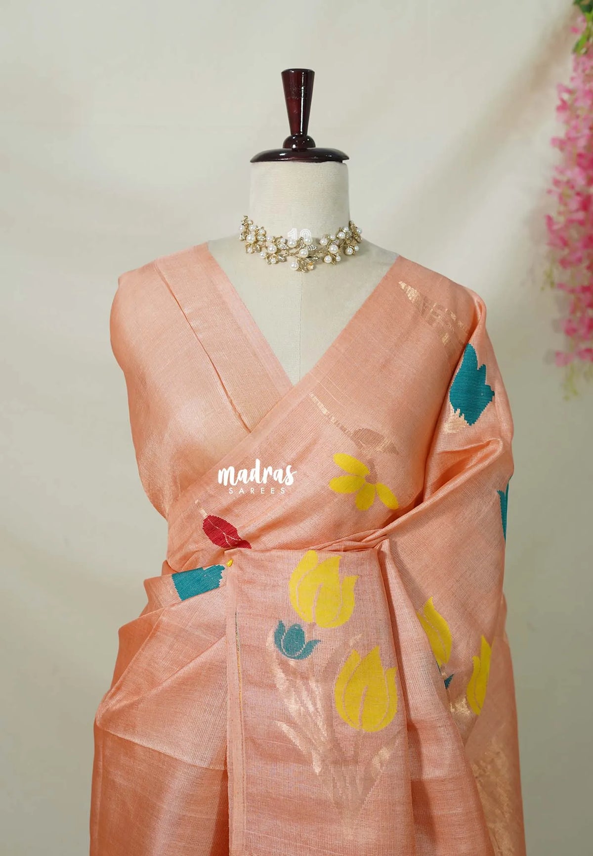 Peach Pearl - Handloom Pure Tussar Silk Jamdani Saree - With Silk Mark Certificate