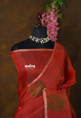 Rust Red - Handloom Tissue Silk Linen Jamdani Saree - With Handloom Mark