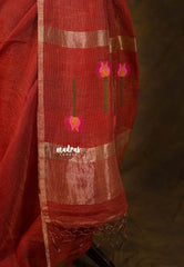 Rust Red - Handloom Tissue Silk Linen Jamdani Saree - With Handloom Mark