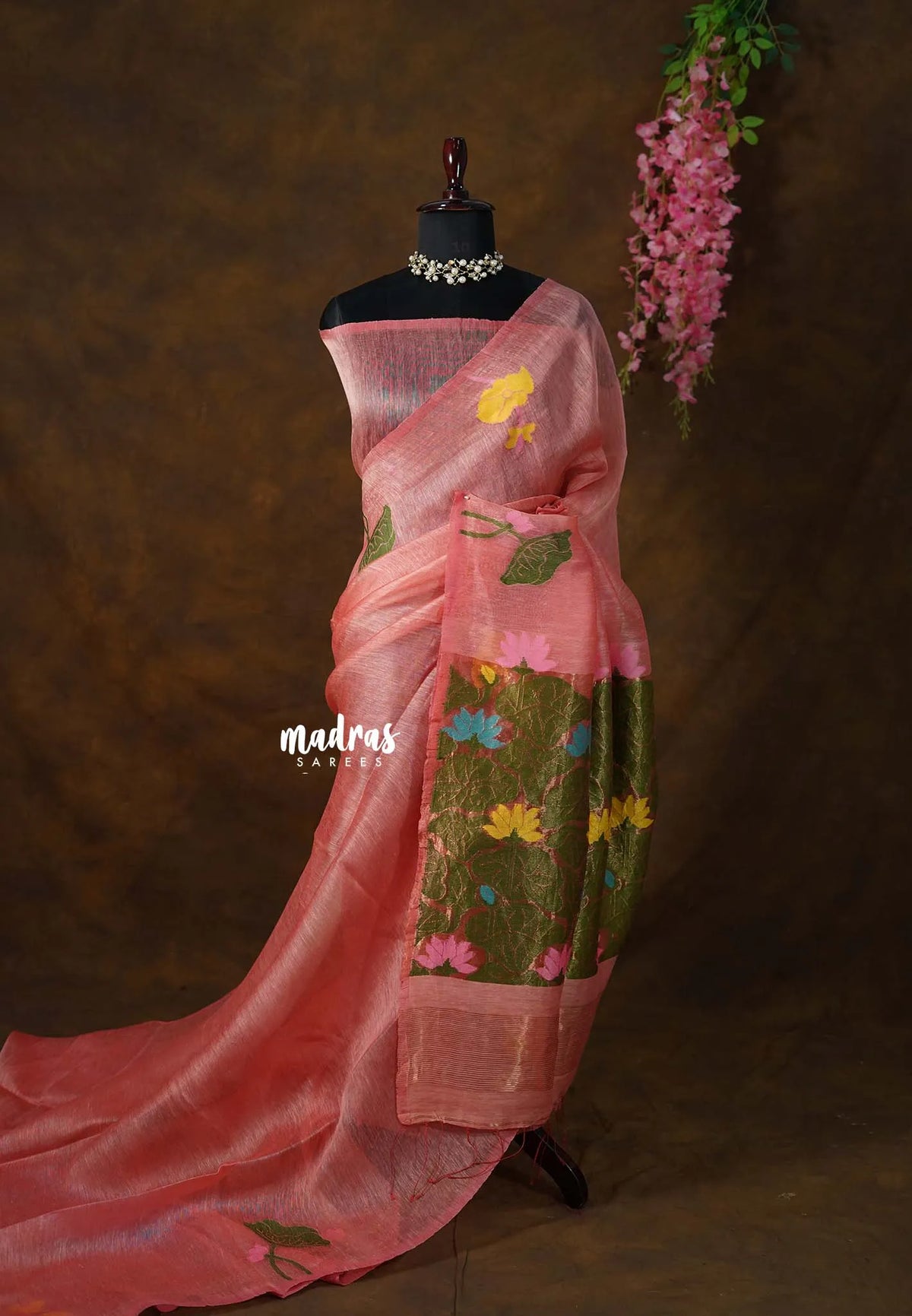 Candle Light Peach - Handloom Silk Linen Jamdani Saree - With Handloom Mark