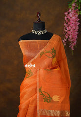 Saffron Orange - Handloom Tissue Silk Linen Jamdani Saree - With Handloom Mark