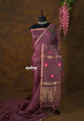 Royal Plum Bloom - Handloom Tissue Silk Linen Jamdani Saree - With Handloom Mark