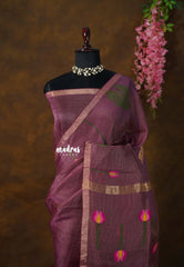 Royal Plum Bloom - Handloom Tissue Silk Linen Jamdani Saree - With Handloom Mark