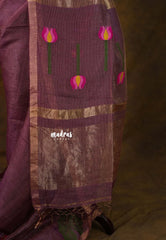 Royal Plum Bloom - Handloom Tissue Silk Linen Jamdani Saree - With Handloom Mark