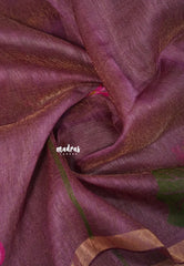 Royal Plum Bloom - Handloom Tissue Silk Linen Jamdani Saree - With Handloom Mark