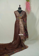 Coffee Brown - Handloom Silk Linen Jamdani Saree - With Handloom Mark