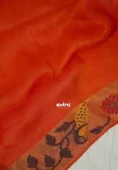 Saffron Orange - Handloom Silk Linen Jamdani Saree - With Handloom Mark
